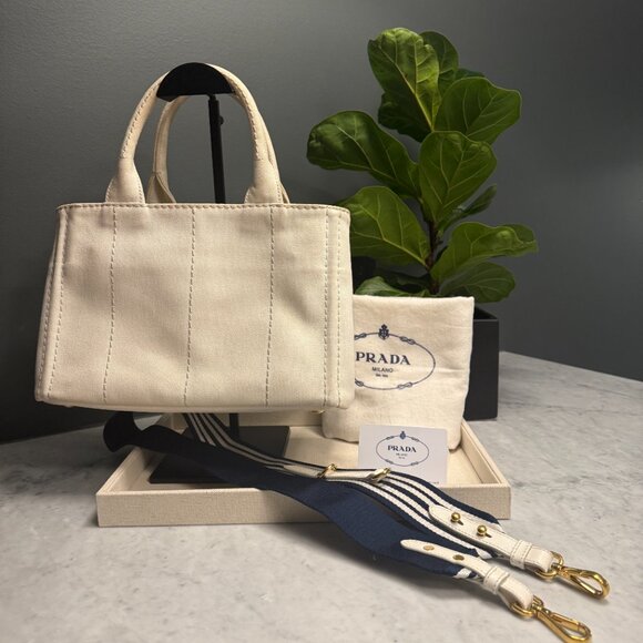 Prada Small White Canapa Logo Tote w/ Strap & Authenticity Certificate Card - Picture 2 of 16